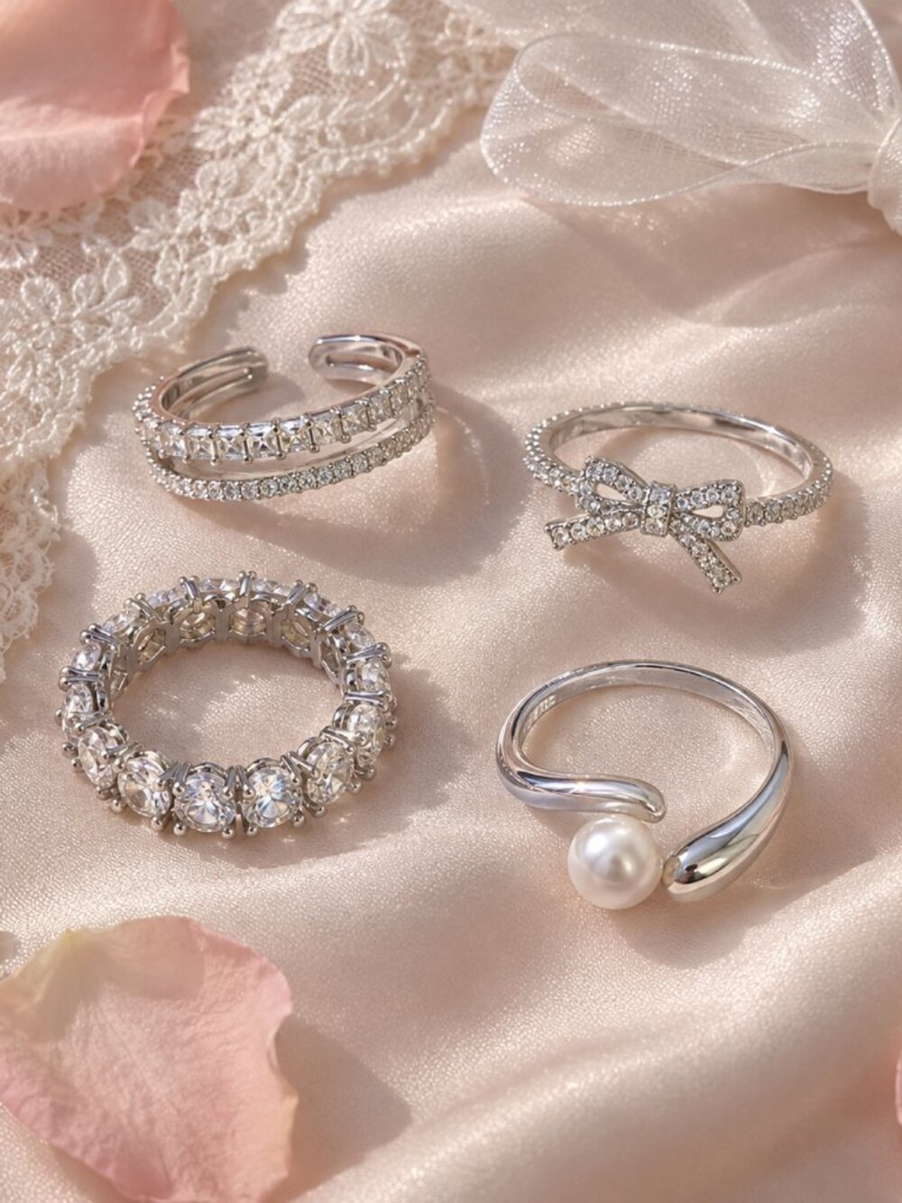 Silver Ring Stack Set 4pc Bow Ring Eternity Ring Pearl Open Ring Crystal Rings